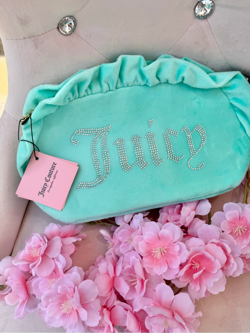 Juicy Couture Aqua Velour Rhinestone Logo Pouch